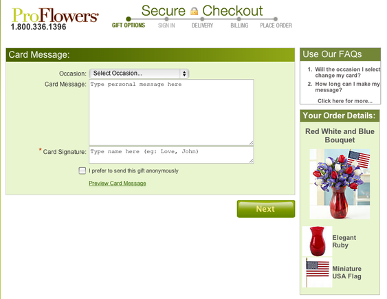 ProFlowers checkout page showing shopping cart contents ("Your Order Details") on the right.