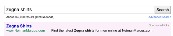 Example of an effective PPC ad, where the search term, "zegna shirts," is contained in the ad copy.