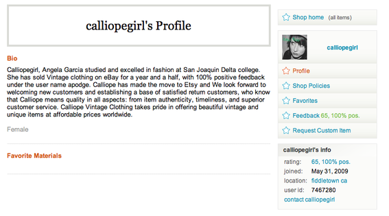 Screenshot of Etsy seller's profile and bio.