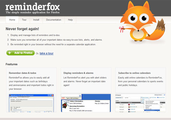 ReminderFox home page.