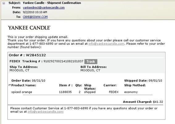 A sample shipment confirmation email from Yankee Candle.