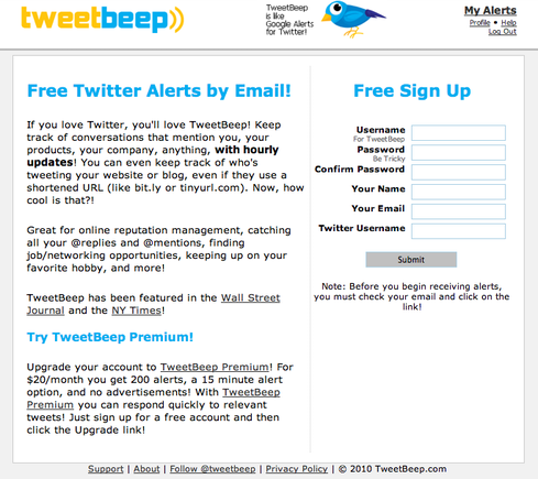 TweetBeep home page.