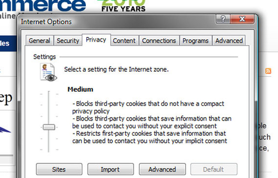 Choose the "Privacy" tab and use the slider to set your cookie preference.