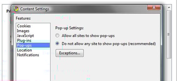 Chrome's "Content Settings" box.