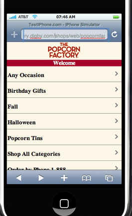 ThePopcornFactory.com home page, mobile version on an iPhone.