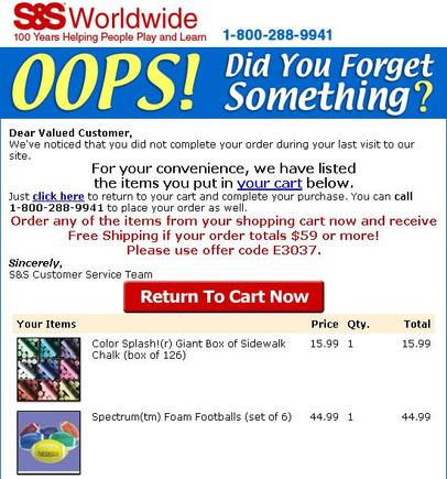 Remarketing "Oops" email sample, S&S Worldwide.