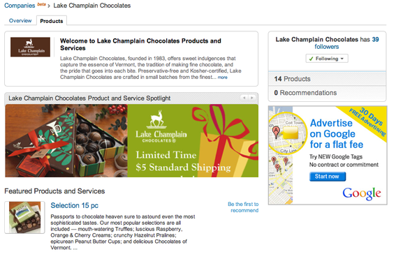 Lake Champlain Chocolates' Company Page, for LinkedIn users.