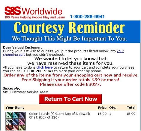 Sample 'abandoned cart' email from S&S Worldwide.