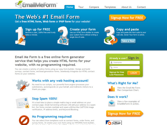 Home page for contact form generator EmailMeForm.com.