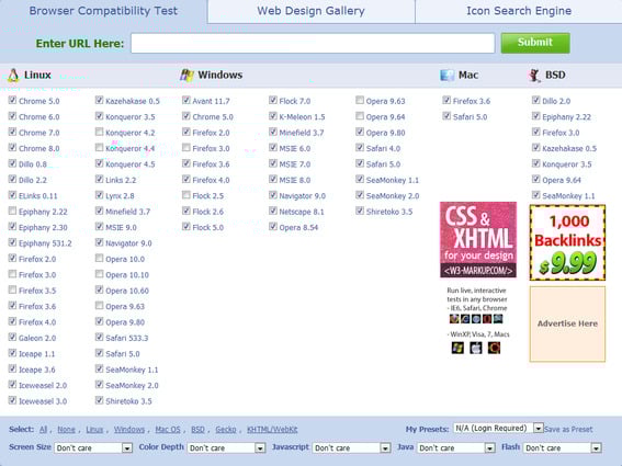 BrowserShots.org pagina iniziale.
