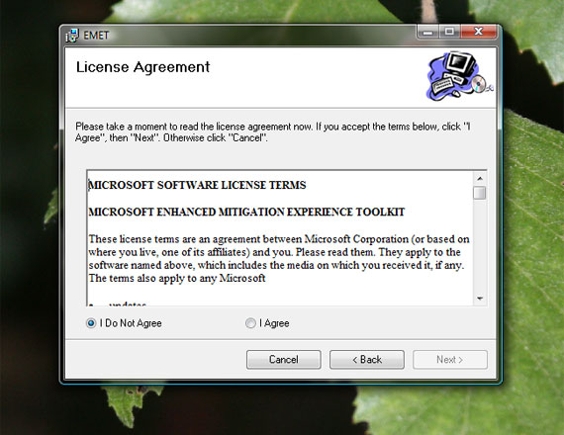 EMET asks you to affirm its software license agreement.