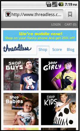 Threadless home page on a smart phone.