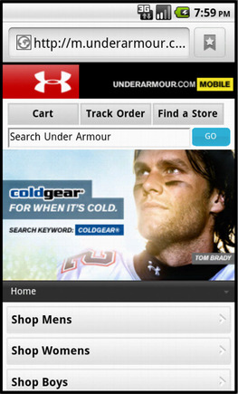 Under Armour home page on a smart phone.