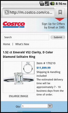 Costco product page on a smart phone.