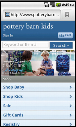 Pottery Barn Kids home page on a smart phone.