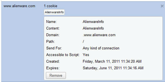 The Alienware cookie, which is shown here in Google Chrome, is basic and human-readable.