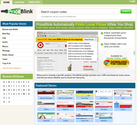 PriceBlink home page.