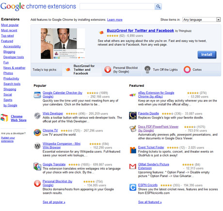 Chrome Extensions home page.