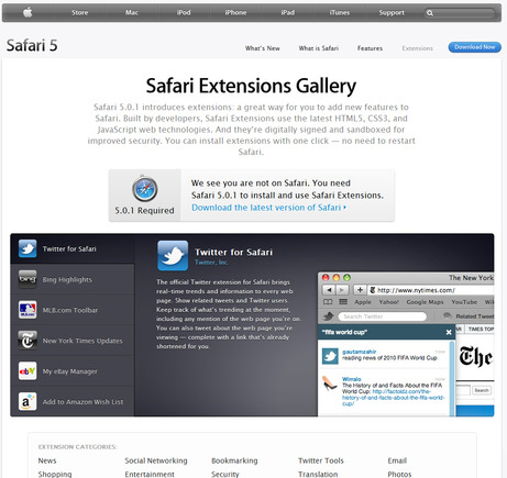 Safari Extensions home page.