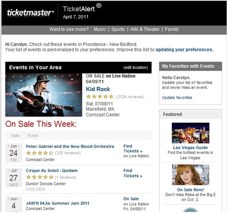 Email from Ticketmaster segments by geographic location.