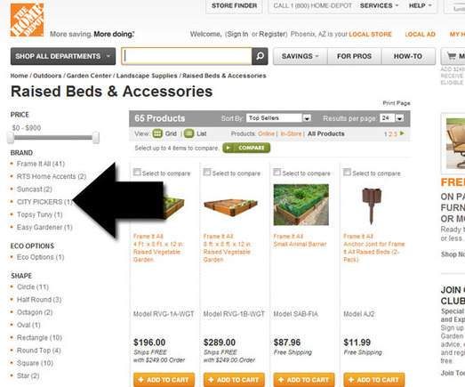 Home Depot gives online shoppers a way to filter category pages.
