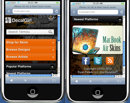 DecalGirl.com mobile home page, top half on left.