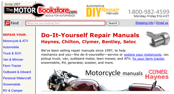 The Motor Bookstore home page.