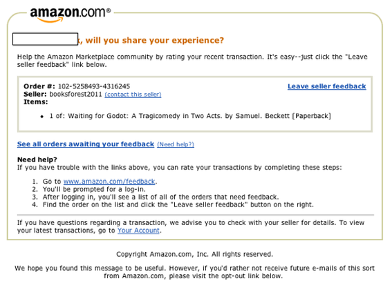 Amazon.com solicits ratings and reviews after each purchase, via a separate email.