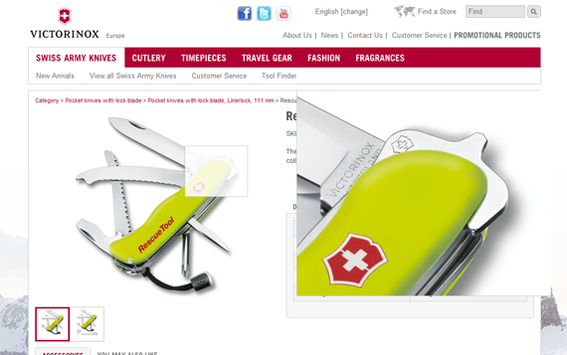 Victorinox' product pages feature large, zoom ready images.