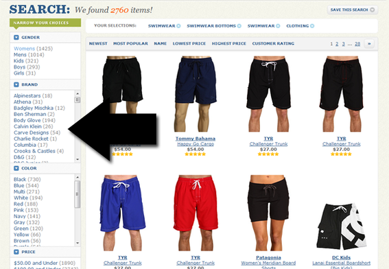 Zappos makes extensive use of facets and layers in its site navigation.