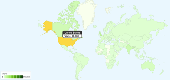 By default the map shows visit data for the past 30 days by country.