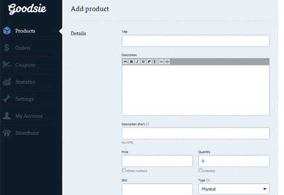 Goodsie employs a simple web form for adding products.