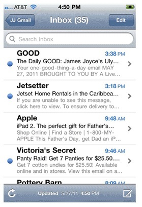 In this mobile screenshot of emails, the "From:" names are much more prominent than the subject lines. 