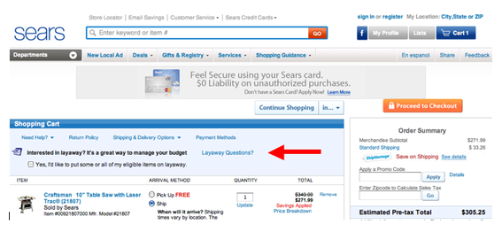 Sears' shopping cart offers layaway options during the checkout process.