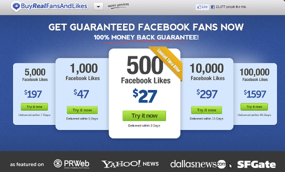 BuyRealFansAndLikes.com sells Facebook Likes for pennies apiece.