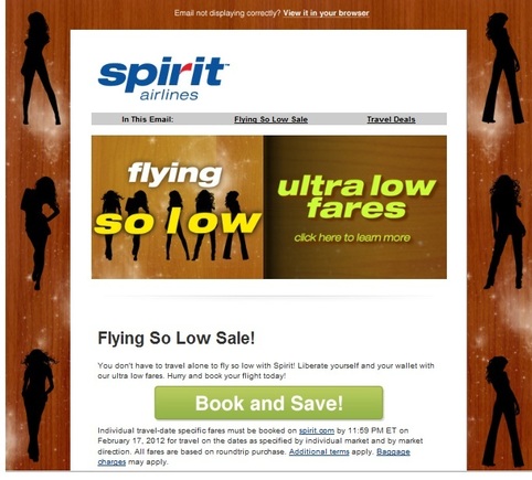 Although Spirit Airlines has a large and easy-to-read button — "Book and Save!" — asking recipients to book immediately may be too much commitment before actually researching the prices and flight times.