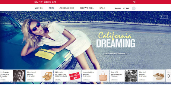 The Kurt Geiger site, like some other Magento sites, features a full-width content slider.