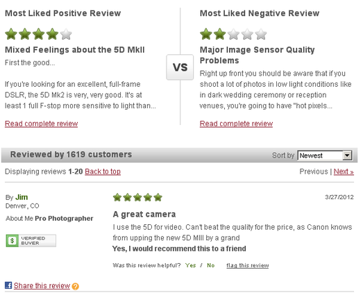 B&H's system offers side-by-side comparisons of reviews.