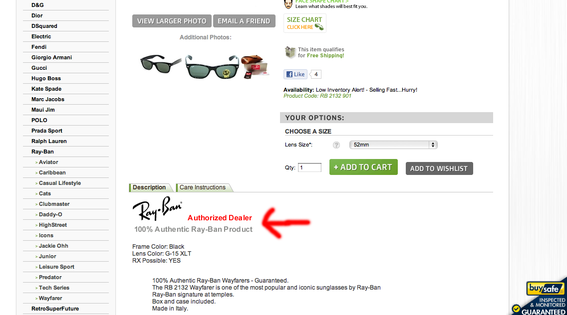 ShadesDaddy.com, a retailer of eyewear, emphasizes being an authorized Ray-Ban dealer. This helps with authenticity. 
