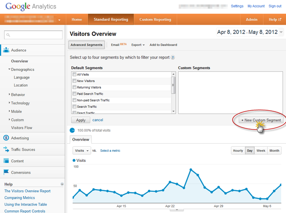 Create a "New Custom Segment" in the "Advanced Segments" section. Click "Enlarge This Image" for a wider view.