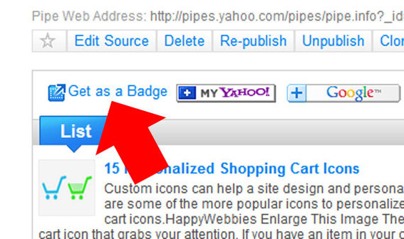 The Get as a Badge link is the key to posting Pipe output to any website.