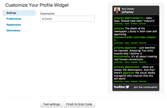 The Profile Widget displays your latest tweets.