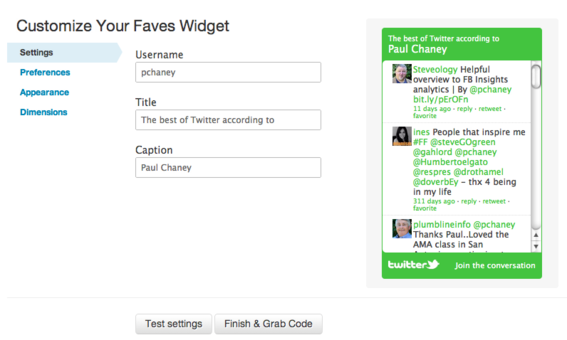 The Faves Widget displays tweets marked as favorites.