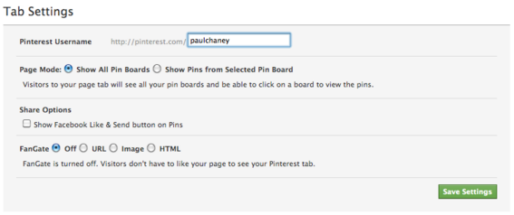 Woobox Pinterest app settings page.