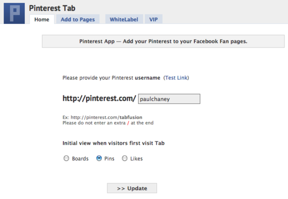 Insert your Pinterest username, then click "Update."