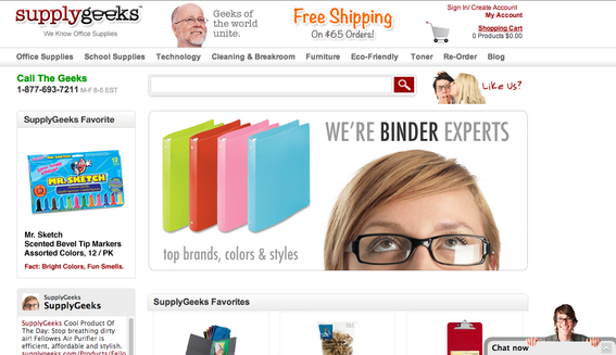 SupplyGeeks.com increased conversions by 17 percent using live chat — seen at the lower right in the home page image above.