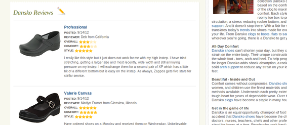Zappos includes product reviews on some its search results pages.