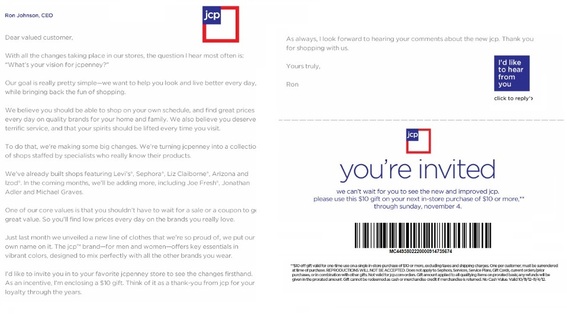 This recent J.C. Penney email is from its new CEO, and includes a compelling $10 discount.