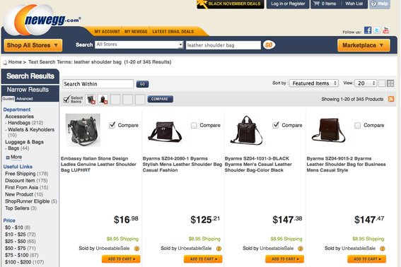 Newegg search results for "leather shoulder bag."