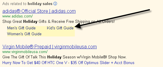Adidas advertises special gift guides in the Site Links section of its pay-per-click ads.